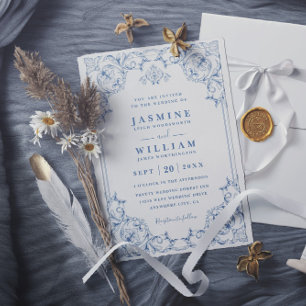 Invitación Boda tradicional elegante en azul y blanco con cód