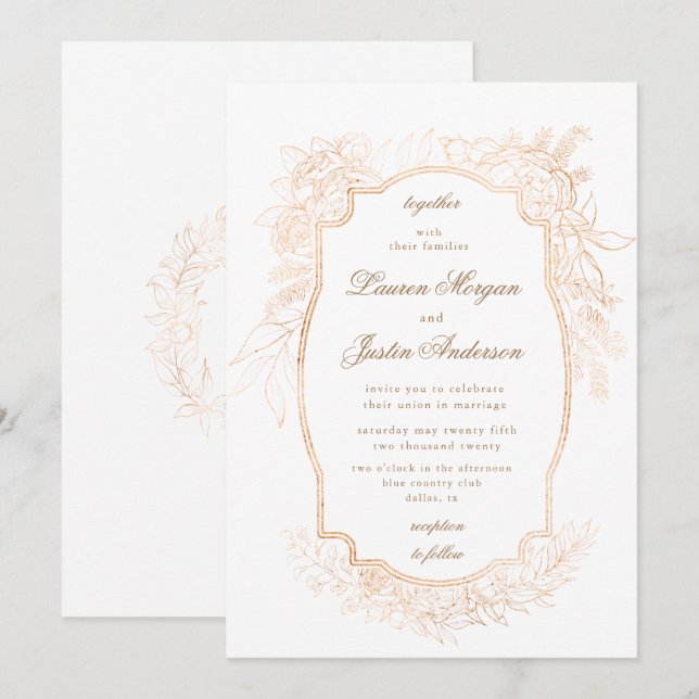 Invitación boda tradicional floral romántico dorado Invitatio (Anverso / Reverso)