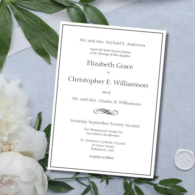 Invitación Boda Tradicional Formal Clásica con Ambos Padres (Traditional Classic Black White Formal wedding invitation. Both parents names)