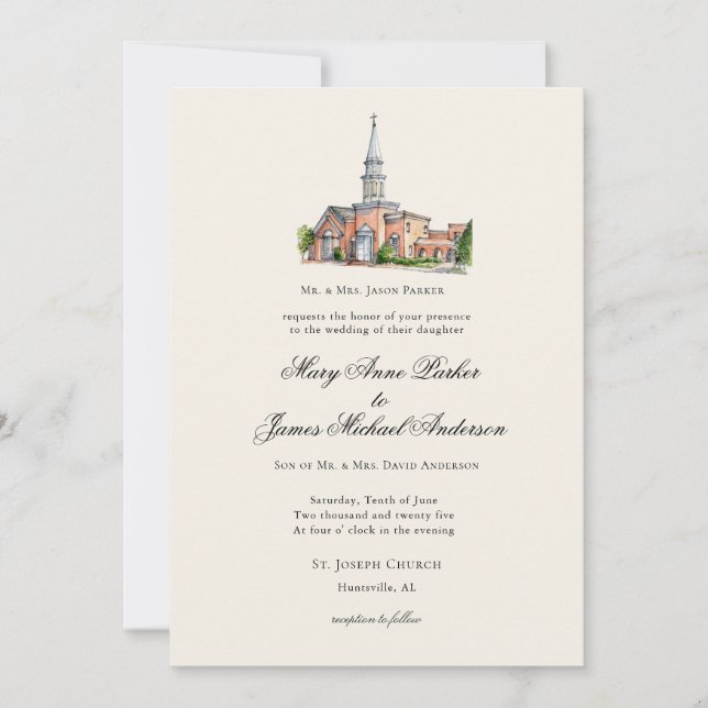 Invitación Boda Tradicional Iglesia Acuarela (Anverso)