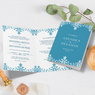 Invitación Boda tradicional india de elegante damasco azul