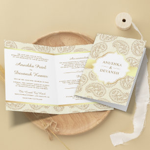 Invitación Boda tradicional india de paisley crema y dorado