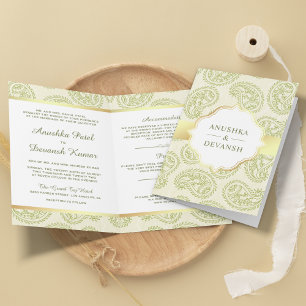 Invitación Boda tradicional india de paisley verde y dorado