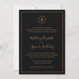 Invitación Boda Tradicional Negra y Dorada Todo en Uno