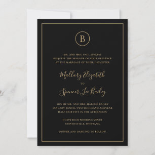 Invitación Boda Tradicional Negra y Dorada Todo en Uno