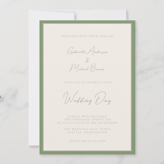 Invitación Boda tradicional simple de verde salvia y marfil (Anverso)