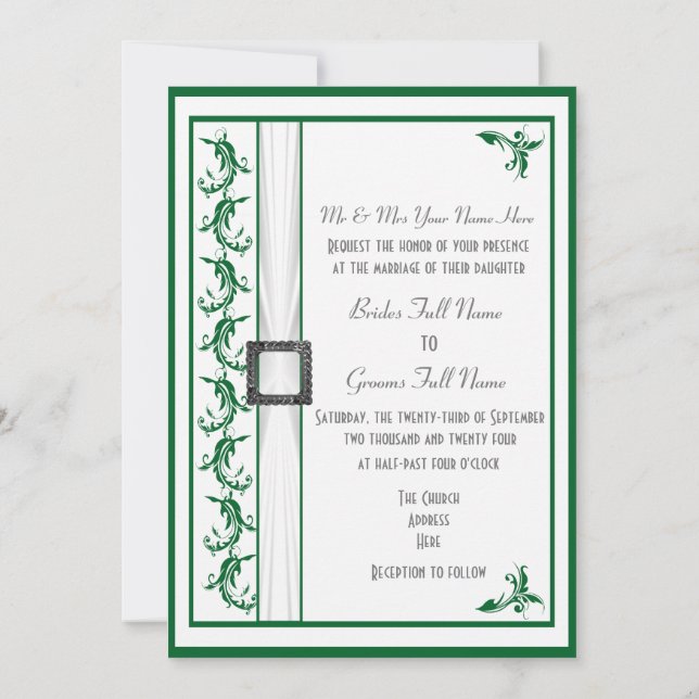 Invitación Boda tradicional simple, verde y blanco (Reverso)