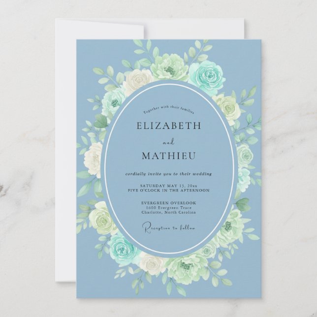 Invitación Boda Tranquila de Azul Acero en Primavera (Anverso)