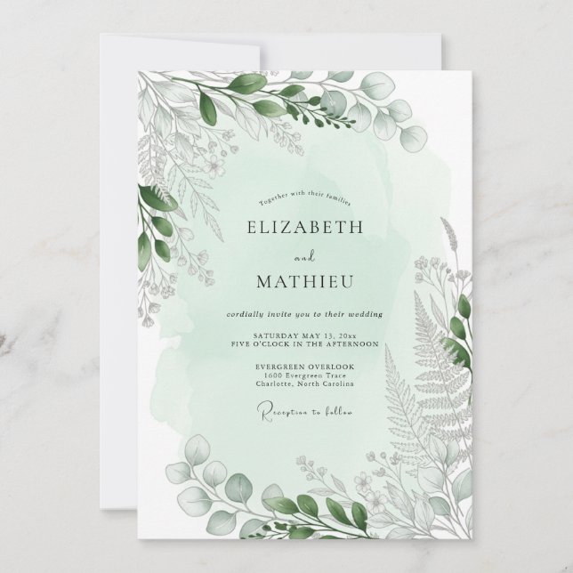 Invitación Boda Tranquila de Helechos Verde Menta (Anverso)