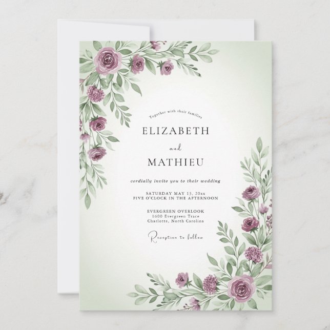 Invitación Boda Tranquila de Mauve Sage en Primavera (Anverso)