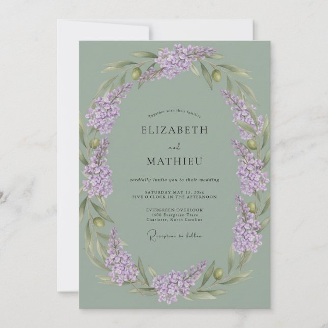 Invitación Boda Tranquila de Verde Salvia y Lila (Anverso)