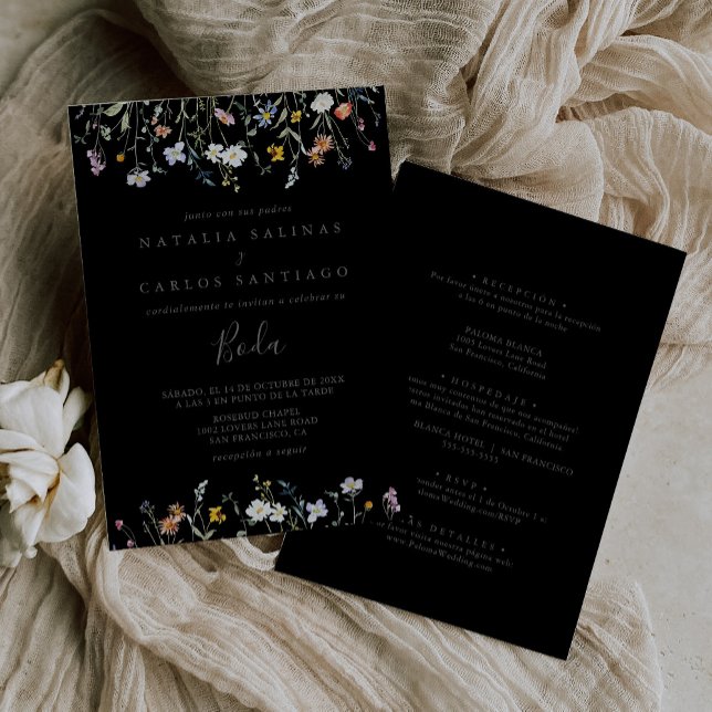 Invitación Boda trasero del frente de floral negro y negro sa (Subido por el creador)