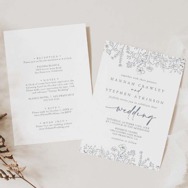 Invitación Boda trasero y frente de flores silvestres neutral (Subido por el creador)