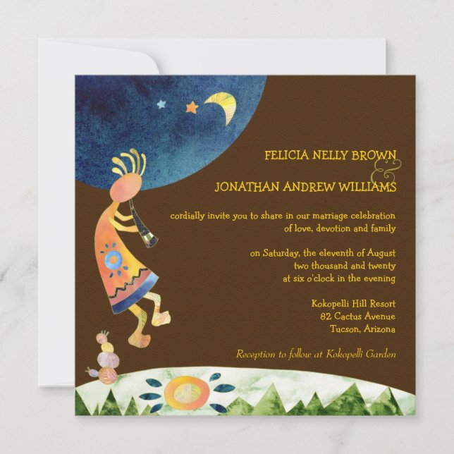Invitación Boda tribal Kokopelli Brown del suroeste (Anverso)