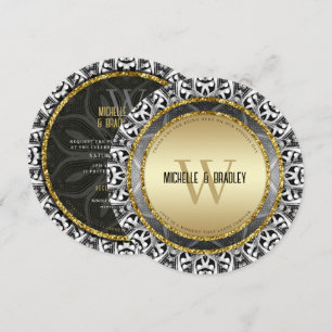 Invitación Boda Tribal Negra Blanca y Dorada Redonda