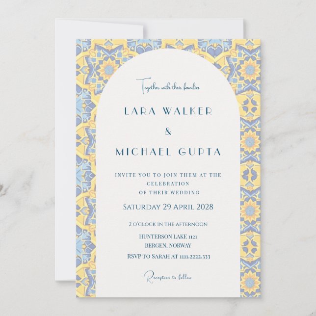 Invitación Boda Trippy Azul Brillante Y Amarillo Italiano De  (Anverso)