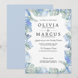 Invitación Boda tropical acuarela deja verde azul