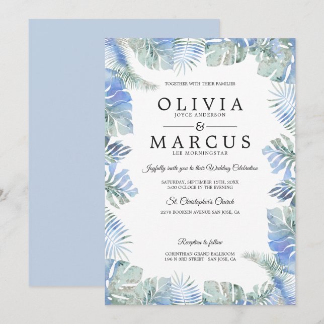 Invitación Boda tropical acuarela deja verde azul (Anverso / Reverso)