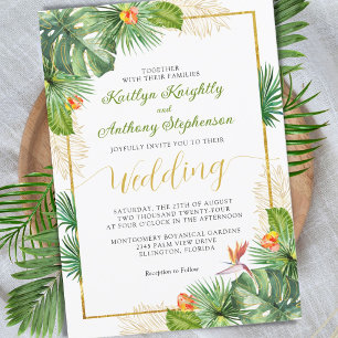 Invitación Boda tropical acuarela Floral dorado