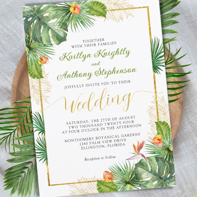 Invitación Boda tropical acuarela Floral dorado (Subido por el creador)