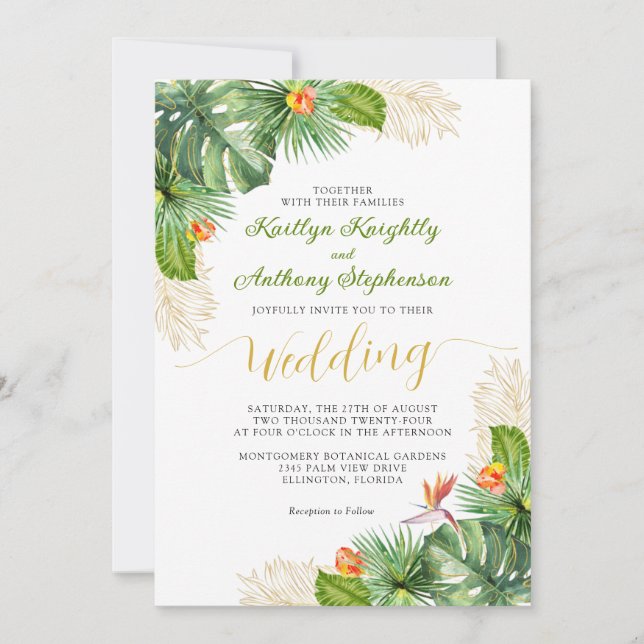 Invitación Boda tropical acuarela Palm Floral (Anverso)