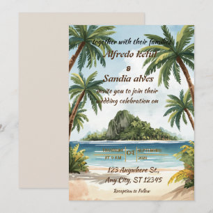 Invitación boda tropical acuarela verano playa palmera