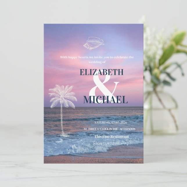 Invitación Boda Tropical Amanecer Océano Playa (Anverso de pie)
