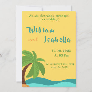 Invitación Boda tropical, amarillo playa, palmera