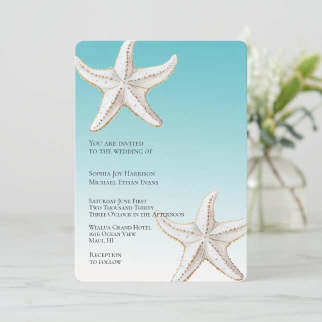 Invitación Boda Tropical Aqua Gold White Starfish Beach (Anverso de pie)