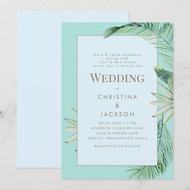 Invitación Boda Tropical Azul y Turquesa (Anverso / Reverso)