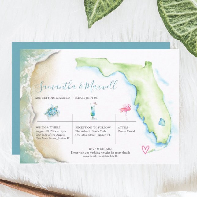 Invitación Boda Tropical Beach (Florida wedding invitations features watercolor coastal art by Victoria Grigaliunas)