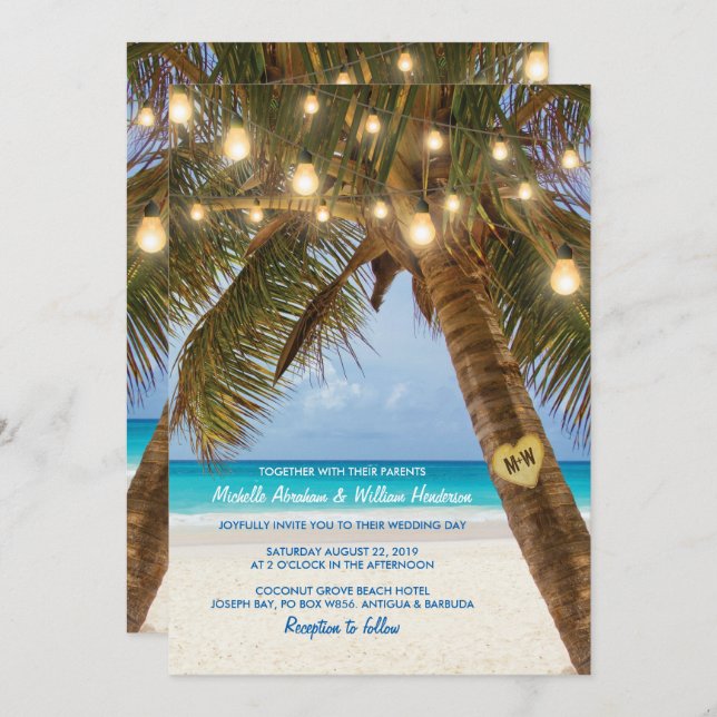 Invitación Boda Tropical Beach and String Lights (Anverso / Reverso)