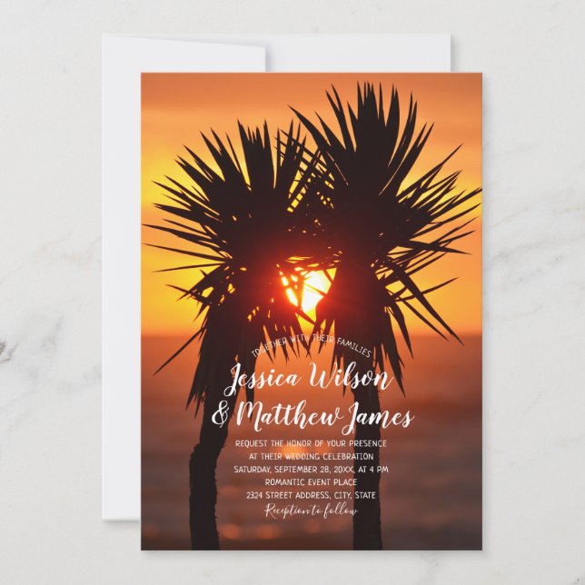 Invitación Boda Tropical Beach Palm Tree Ocean Sunset (Anverso)
