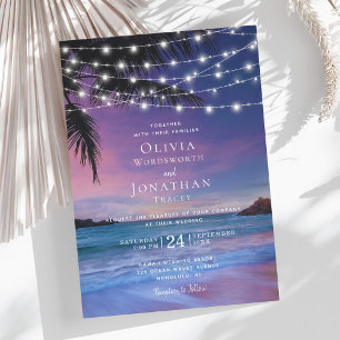 Invitación Boda Tropical Beach Sunset String Lights