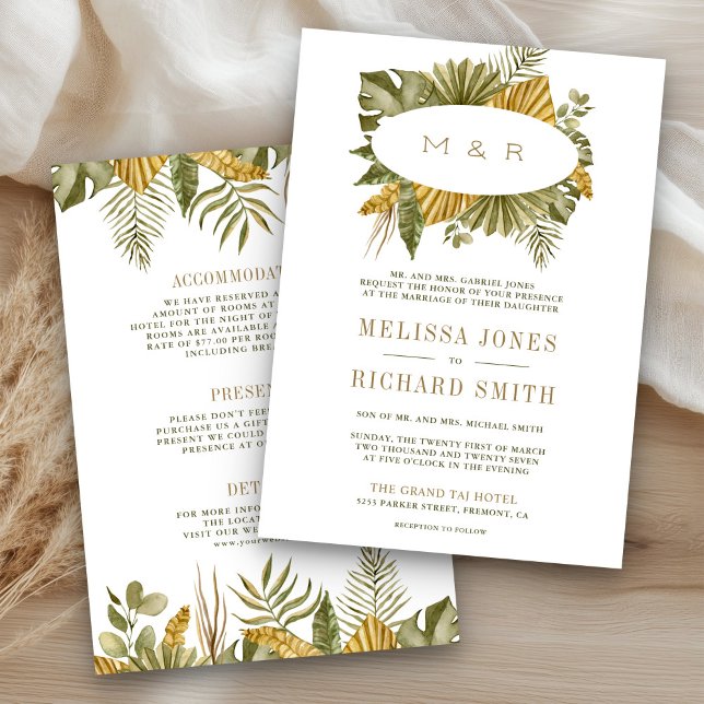 Invitación Boda Tropical Boho Hojas de Palma Secas Todo en Un (Subido por el creador)