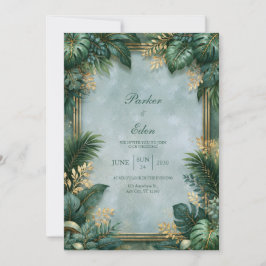 Invitación Boda Tropical Bordada Dorada con Textura a Menta