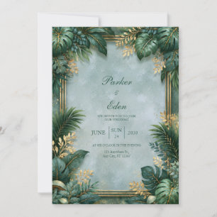 Invitación Boda Tropical Bordada Dorada con Textura a Menta