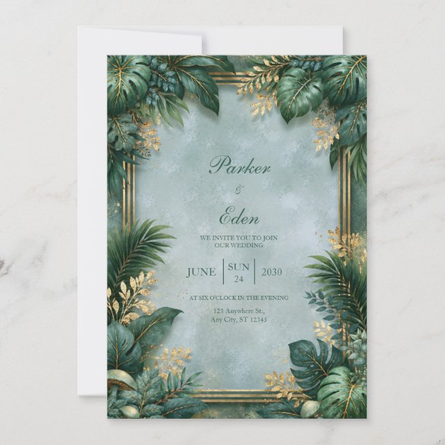 Invitación Boda Tropical Bordada Dorada con Textura a Menta (Anverso)