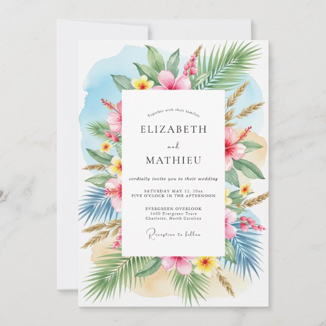 Invitación Boda Tropical Breezy Teal (Anverso)