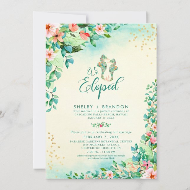 Invitación Boda Tropical Caballos de mar Florales de Recepció (Anverso)