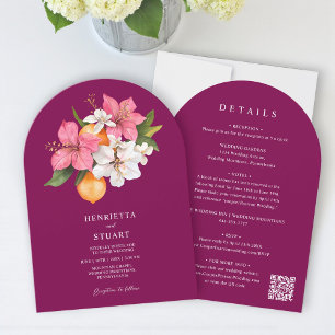 Invitación boda tropical cítrica rosa arqueada todo en uno