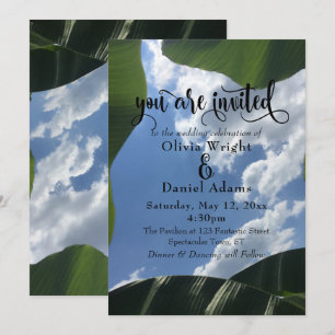 Invitación Boda Tropical con Cielo enmarcado en Hoja de Pláta