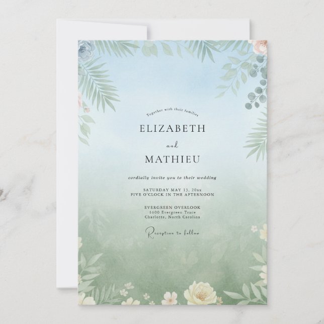 Invitación Boda Tropical con Hojas y Espuma de Mar (Anverso)