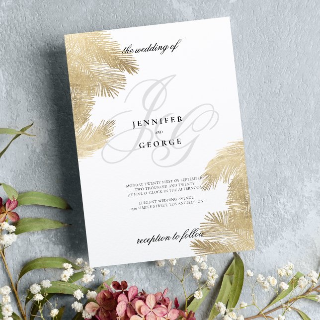 Invitación Boda tropical con iniciales en monograma de oro bl (White gold monogram initials tropical wedding )