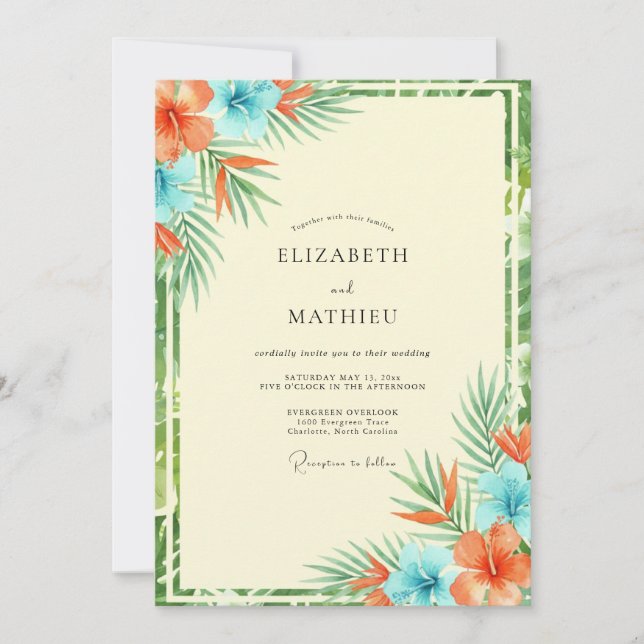 Invitación Boda Tropical Coral Cyan Eucalipto (Anverso)