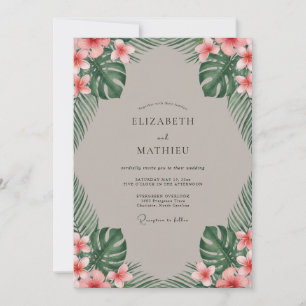 Invitación Boda Tropical Coral Monstera Eucalipto