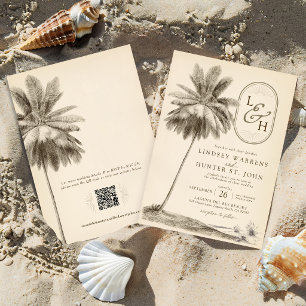 Invitación Boda Tropical Costera con Palmeras Vintage
