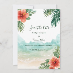 Invitación Boda tropical costera de hibisco en la playa de Ha