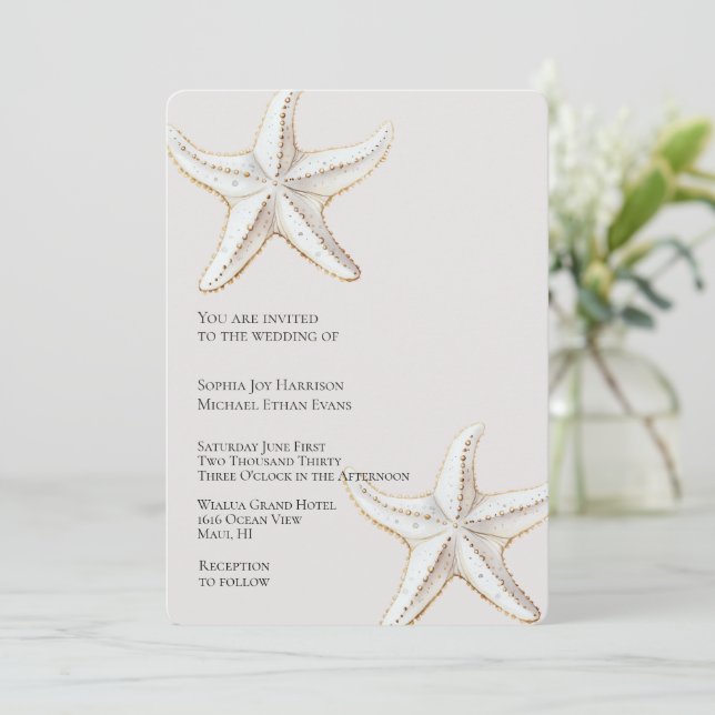 Invitación Boda Tropical Cream Gold White Starfish Beach (Anverso de pie)