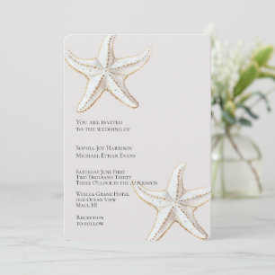 Invitación Boda Tropical Cream Gold White Starfish Beach